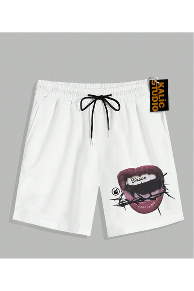 Kalic Studio Pantaloni scurți de vară albi cu model UNISEX Mr. Grillz