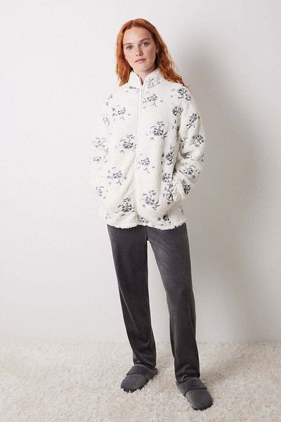 Women'secret White faux shearling robe with flowers