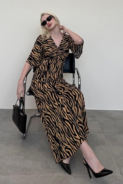 Madmext Kahverengi Zebra Desenli V Yaka Yarım Kollu Elbise MG2394