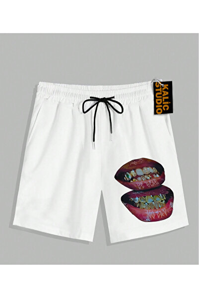 Kalic Studio Pantaloni scurți de vară albi cu model UNISEX Mr. Grillz