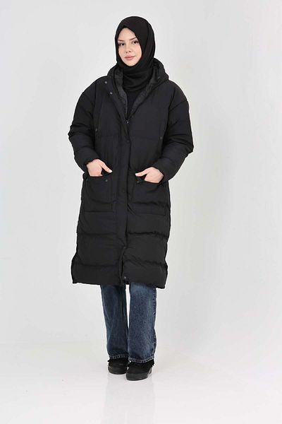 S&V TEKSTİL Women's Black Comfortable Fit Hijab Puffer Coat