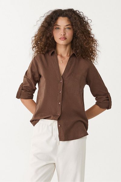 Stradivarius Loose linen-blend shirt with a pocket
