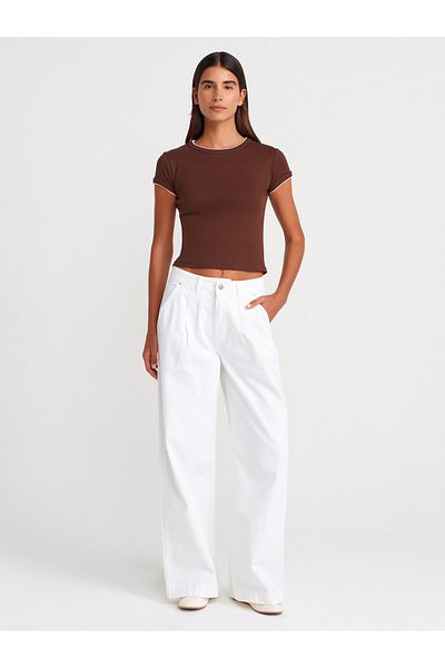Dilvin 71978 Double Pleated Wide Denim Pants-White