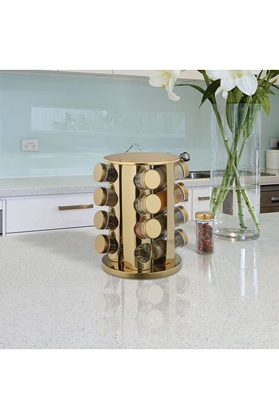 Relaxdays Rotating spice set, 16 containers, gold/transparent, stainless steel/glass, 27.5 x 20 x 20 cm