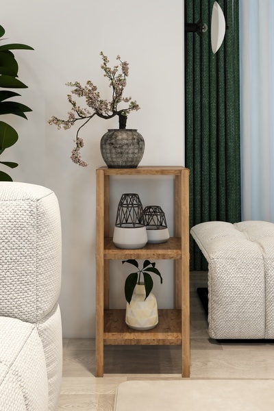 Jest Dekor Konsept Aden 3 Katlı Atlantik Çam Ahşap Köşe Sehpası / Çok Amaçlı Dekoratif Raf, Saksı Standı, Çiçeklik