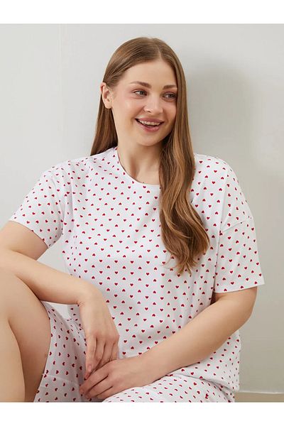 LC Waikiki Σετ πιτζάμες LCW DREAM Ecru Plus Size Heart Print για γυναίκες με σορτς