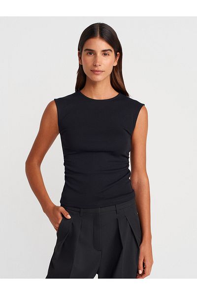 Dilvin 21054 Shirred Basic T-Shirt-Black