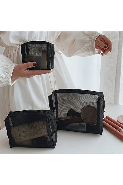 Pinkimaj Black Makeup Bag Set of 3 Transparent Organizer
