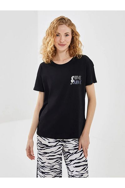 LC Waikiki Lcw Dream White Crew Neck Printed Women's Capri Pajamas Set