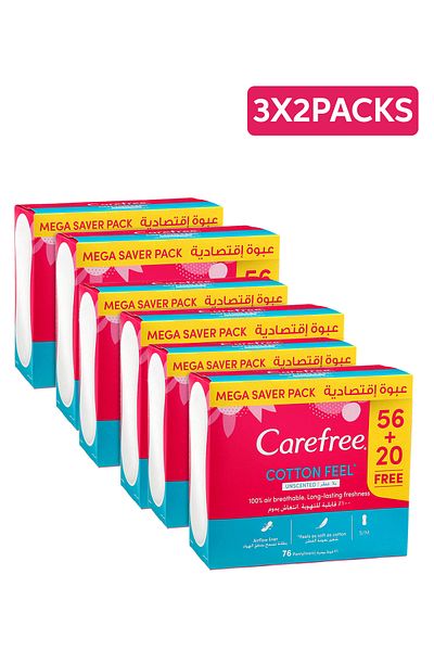 Carefree Daily Panty Liners, Cotton Feel Normal, Pack of 76 (1+1 Free) x3