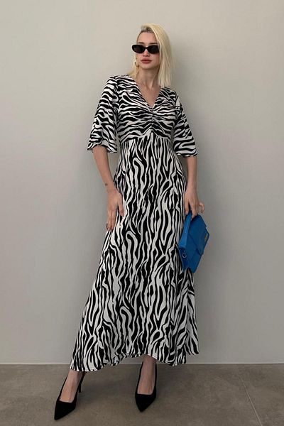 Madmext Black Zebra Print V-Neck Half Sleeve Dress Mg2394
