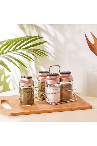 Karaca Dimple Glass Spice Rack and Stand, 4 Piece, 120ml, Rose Gold