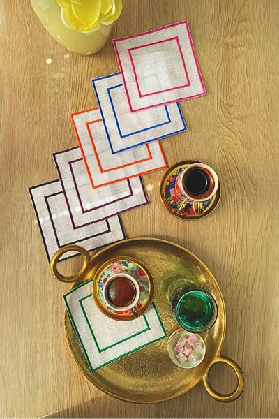 Arancione Co Double Square 6-Piece Cocktail Napkin with Colorful Detail