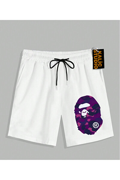 Kalic Studio PANTALONI SCURT DE VARĂ UNISEX Mr. Bape cu model alb