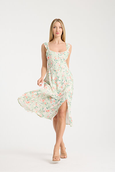 ŞEYDA ERTEM MİDİ BOY YEŞİL ÇİÇEK DESENLİ ELBİSE