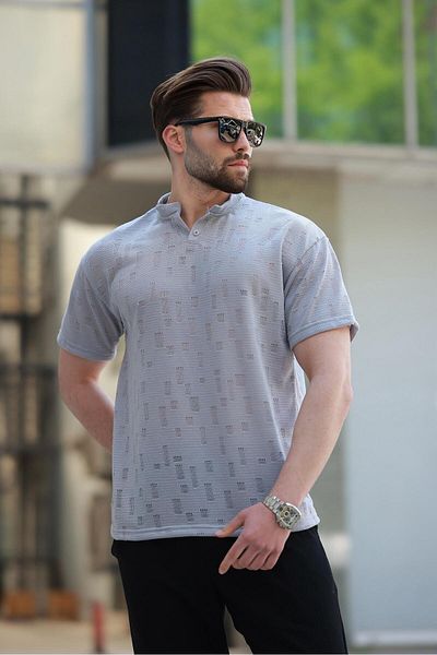 Madmext Ανδρικό μπλουζάκι με γκρι βαμμένο Judge Collar Basic E7148