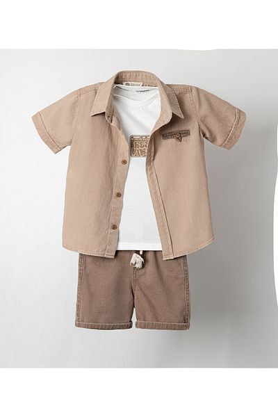 Pasur Bebe Комплект от три части за момче, риза и тениска, капри, лен