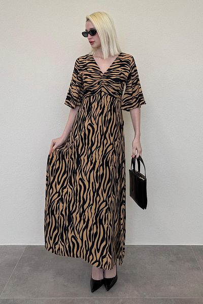 Madmext Brown Zebra Print V-Neck Half Sleeve Dress Mg2394