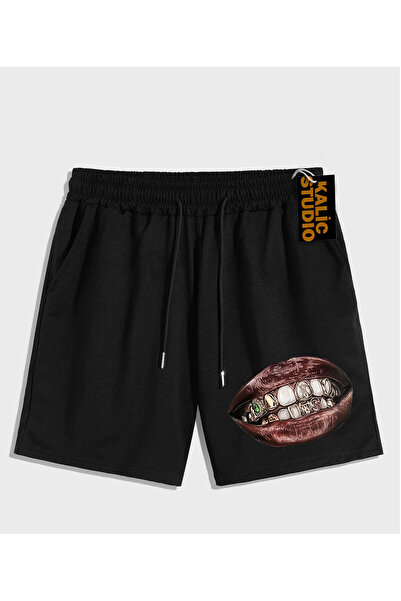 Kalic Studio Pantaloni scurți de vară negri cu model UNISEX Mr. Grillz