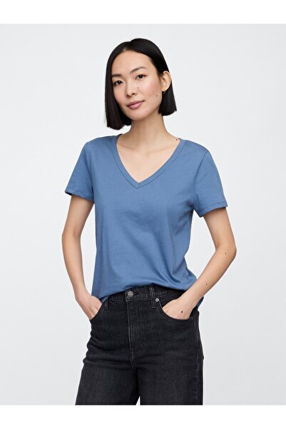 GAP Kadın Mavi V Yaka T-Shirt