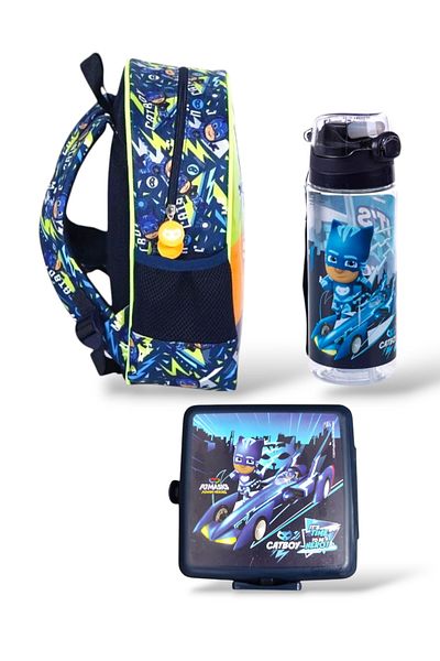 PJMASKS Licensed Green Kindergarten Bag, 4 Compartment Lunch Box and 500 ml Water Bottle, 3-Piece School Set