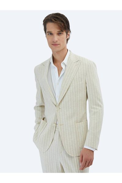 Kip Beige Striped Comfort Fit Linen Blended Suit