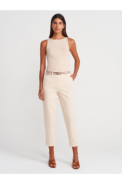 Dilvin 71651 Belted Chino Trousers-Ecru
