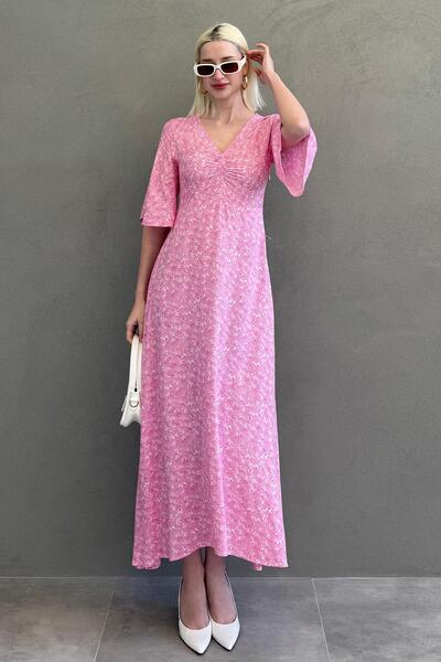 Madmext Pembe Çiçek Desenli Yarım Kollu Elbise MG2390