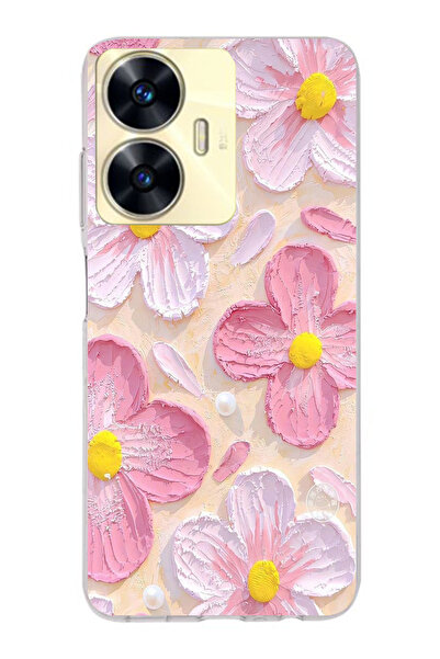 moonset Realme C55 Uyumlu Pastel Çiçek Tasarımlı Baskılı Şeffaf Telefon Kılıfı