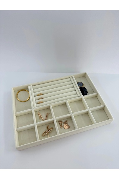 MeGass Dekor Yerli Üretim Istanbul Model Süet Kumaş Krem Renk Çekmece Içi Takı Düzenleyici Stand