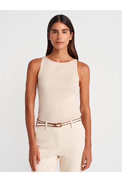 Dilvin 21048 Halter Collar Top-Beige