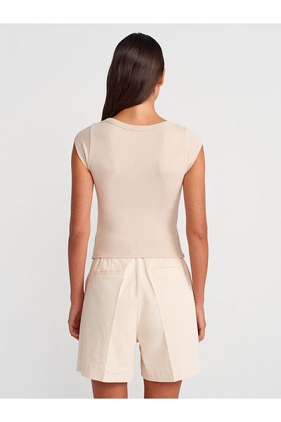 Dilvin 31808 Round Neck Ribbed T-Shirt-Beige