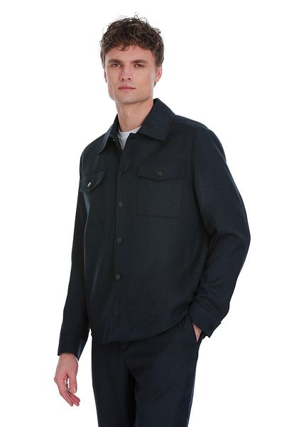 Hatemoğlu Navy Blue Slim Fit Mono Collar Casual Overshirt Set