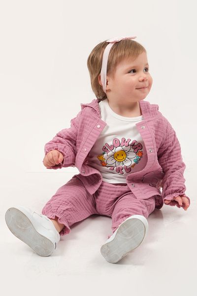 Mini Baray Pastel Colored Muslin 3-Piece Baby Set (9-12-18 Months) 100% Cotton Cardigan Baby Girl Set