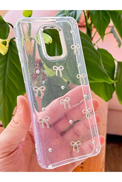 Fibaks Xiaomi Redmi Note 9 Pro - 9S Kılıf Fiyonk Desenli Şeffaf Simli Gümüş Kamera Çıkıntılı Parlak Kapak