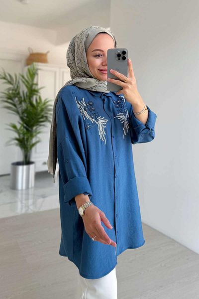 Ka Hijab Πουκάμισο με διακόσμηση με χάντρες Indigo