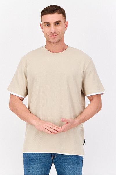 Threadbare Men Crew Neck Short Sleeve Plain T Shirt, Beige