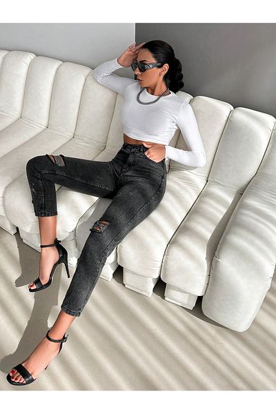 SHEVEGA Women's Snow Black High Waist Knee Laser Ripped Boyfriend Mom Jeans Denim Pants