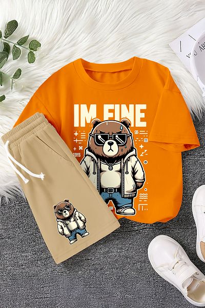 MYADA New Season Fine Written Cool Teddy Bear Printed 2-Piece Children's Set 22515