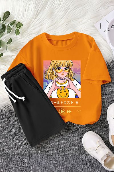 MYADA New Season Heart Sign Cartoon Character Printed 2-Piece Children's Set 22810
