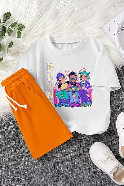 MYADA New Season Bling Graffiti Detail Animes Printed 2-Piece Children's Set 23473