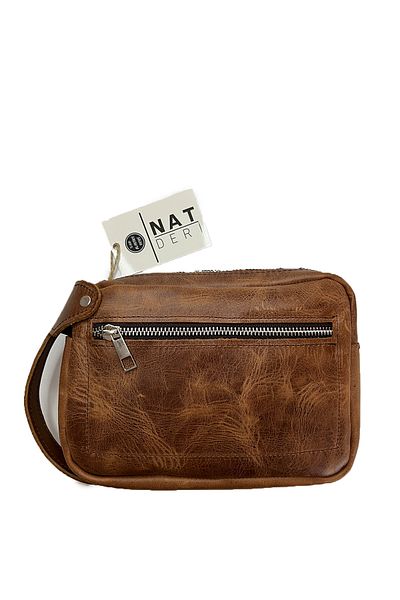 natderi Genuine Leather Tan Men's Handbag – Front Zipper Pocket and Hand Grip, 15X22 cm
