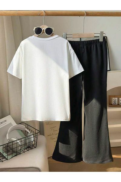 MORNİNG KİDS Girl's Cherry Ribbon Printed White T-Shirt-Black Flared Trousers Set