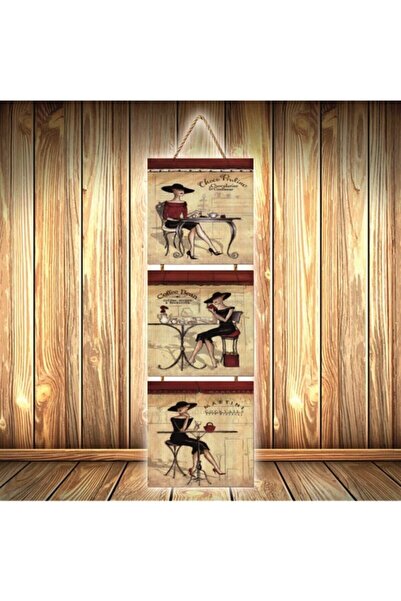 hazalshop Τριπλή ρετρό ξύλινη αφίσα με σχέδιο Cafe Women U421