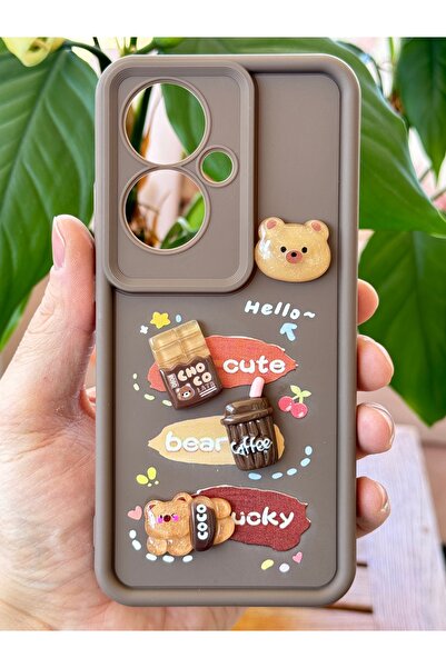Fibaks Oppo Reno 11F Case Designed Patterned Camera Protection Teddy Bear Brown Color Soft Silicone Cap