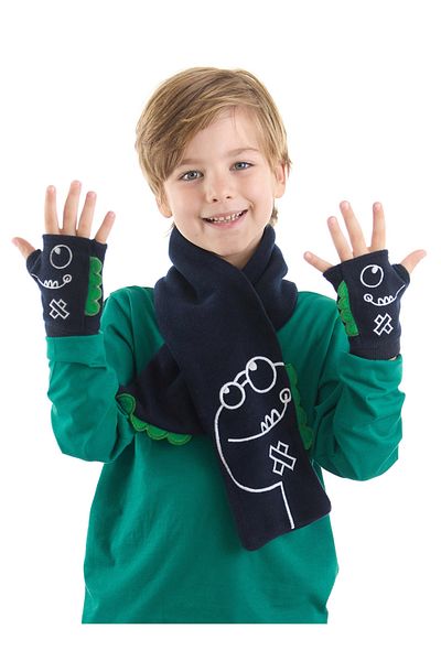Denokids Eșarfă din lână Dino Caterpillar pentru băieți - Set mănuși