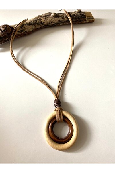 canan dizayn Bohem Ahşap Iç Içe Halkalı Kolye Bej