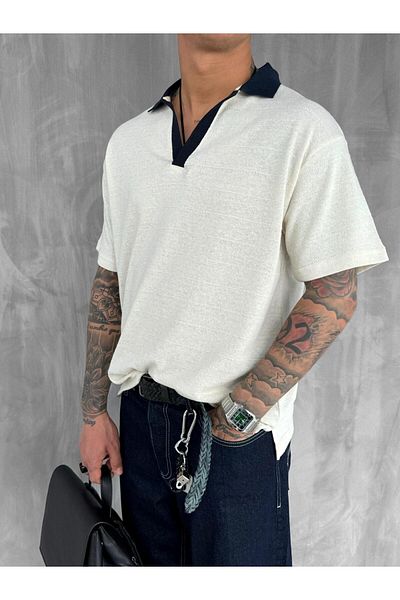 ablukaonline Men's Contrast V-Neck Relax Fit T-Shirt Ecru