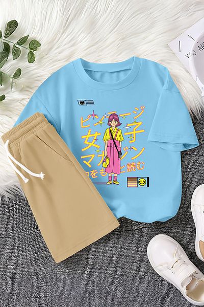MYADA Set de 2 piese pentru copii cu imprimeu pentru fete roz cu personaje anime premium 22979