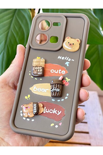 Fibaks Vivo Y35 Kılıf Tasarımlı Desenli Kamera Korumalı Ayıcık Kahve Renkli Yumuşak Silikon Kap